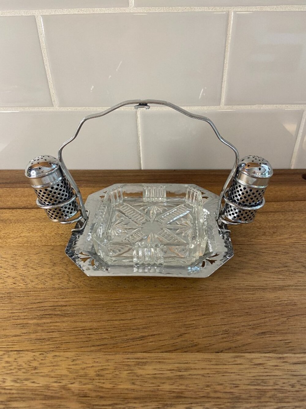 Vintage Chrome Cruet Set Glass Lined Salt & Pepper Shakers Cut Glass Tray